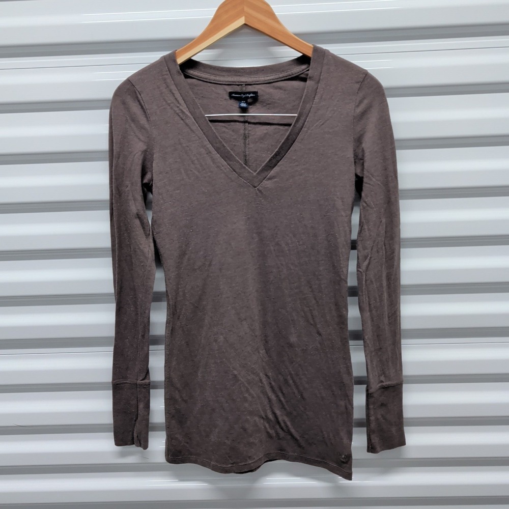 American Eagle V-Neck Long Sleeve Shirt Size M Womens Brown Cotton Blend Basic — photo 2